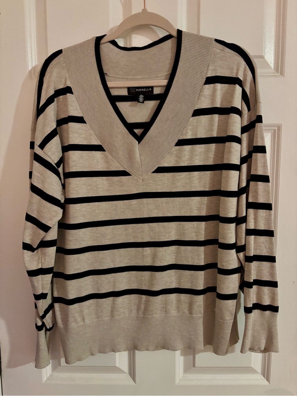 Rafaella Cream and Black Horizontal Stripe V‑Neck Sweater